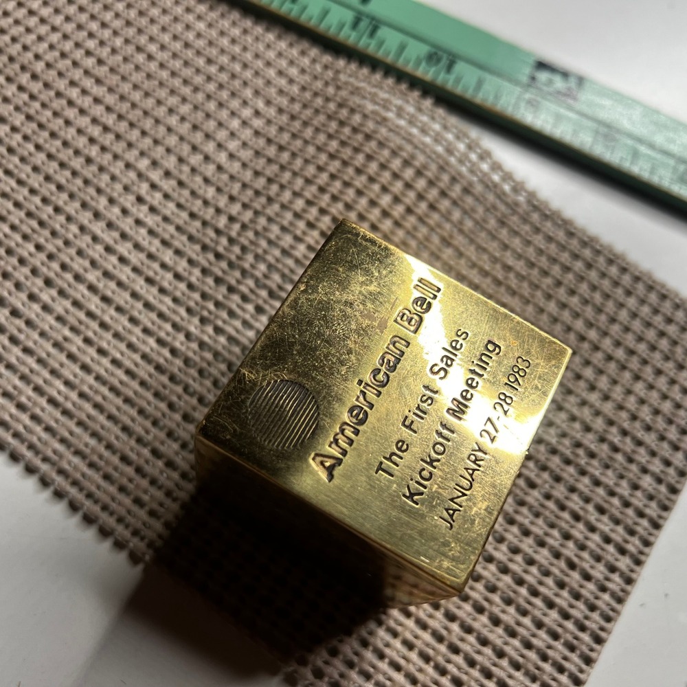 Vintage 1983 American Bell First Sales Kickoff Meeting Brass Cube Paperweight